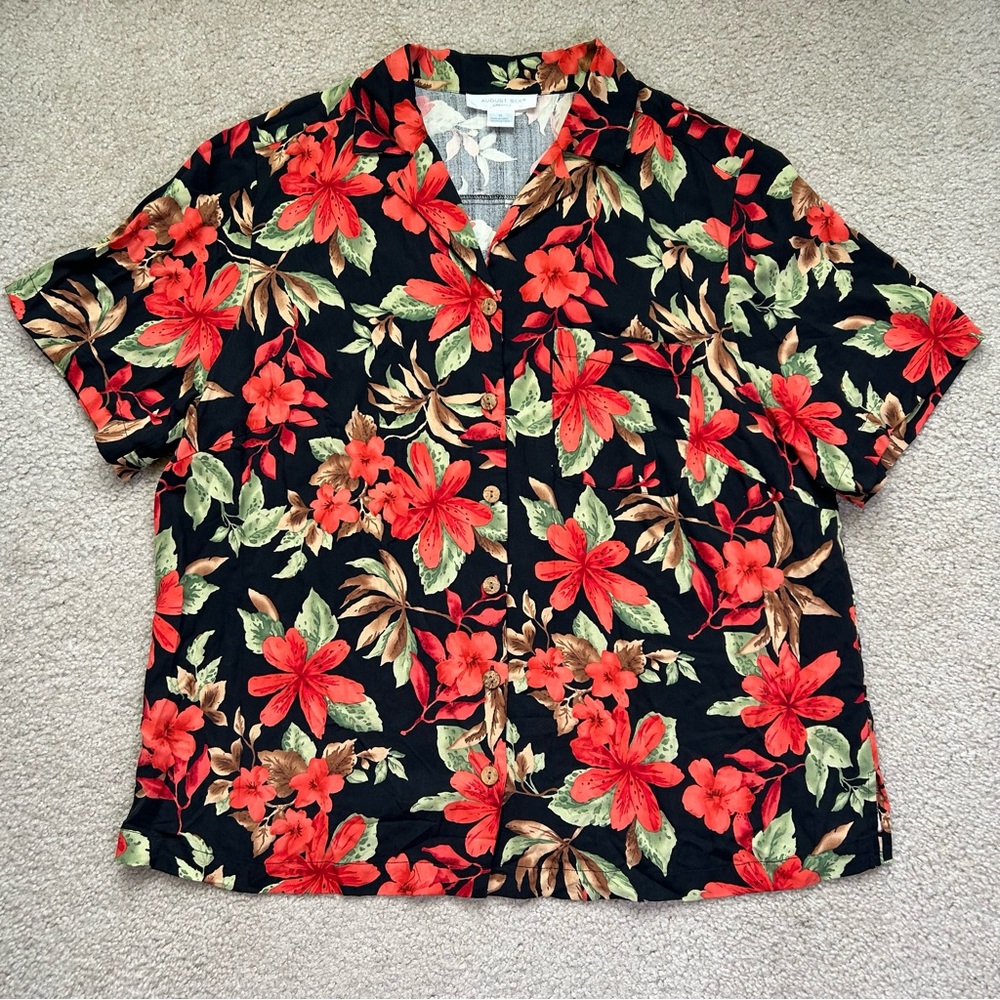 Bold Print Silk Women's XL Black Red Floral Hawaiian Button-Up Shirt Aloha Y2K